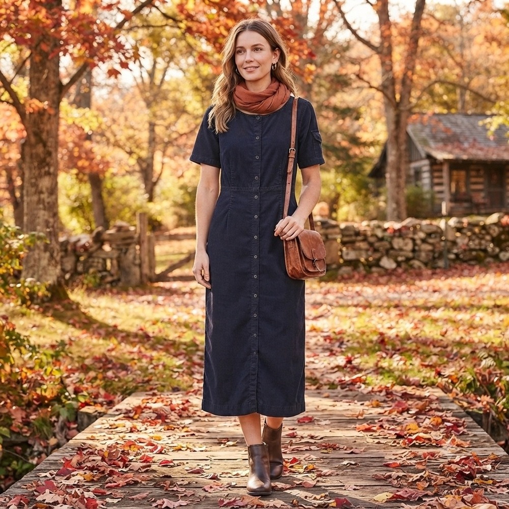 Vintage Eddie Bauer Navy Corduroy Snap Front Midi Dress dark academia early 2000